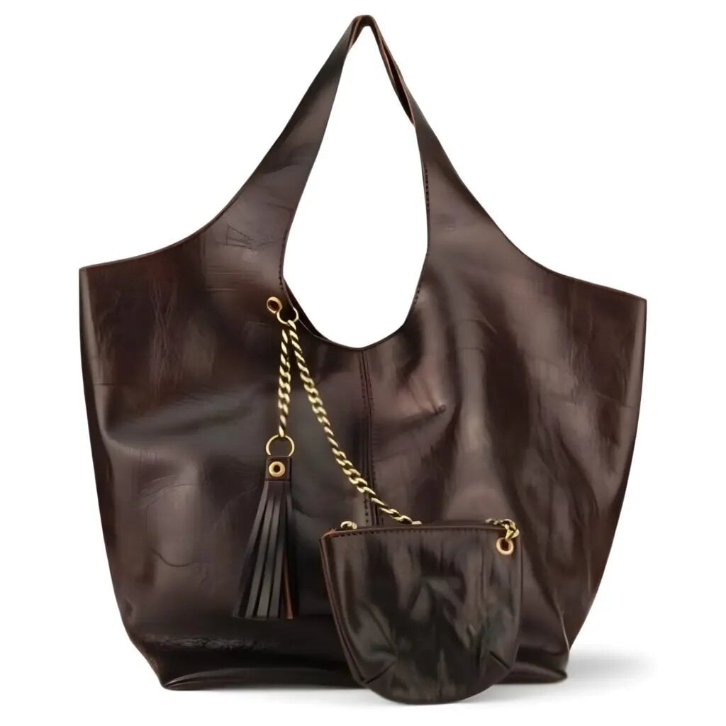 Dark brown leather handbag and wallet set with braided brass chain strap and tassel on white background