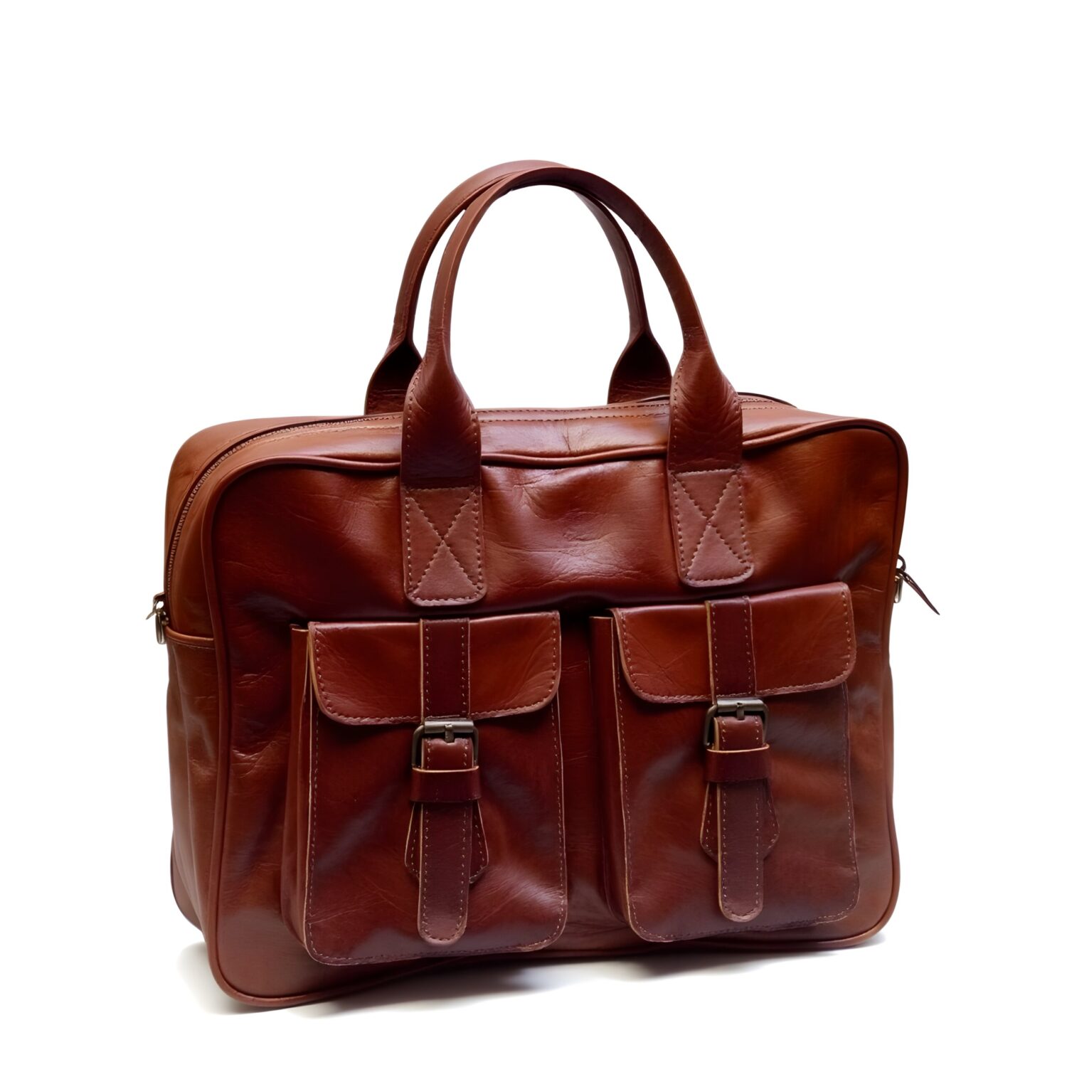 Brown leather laptop messenger bag with solid brass buckle closures and contrast stitching on white background