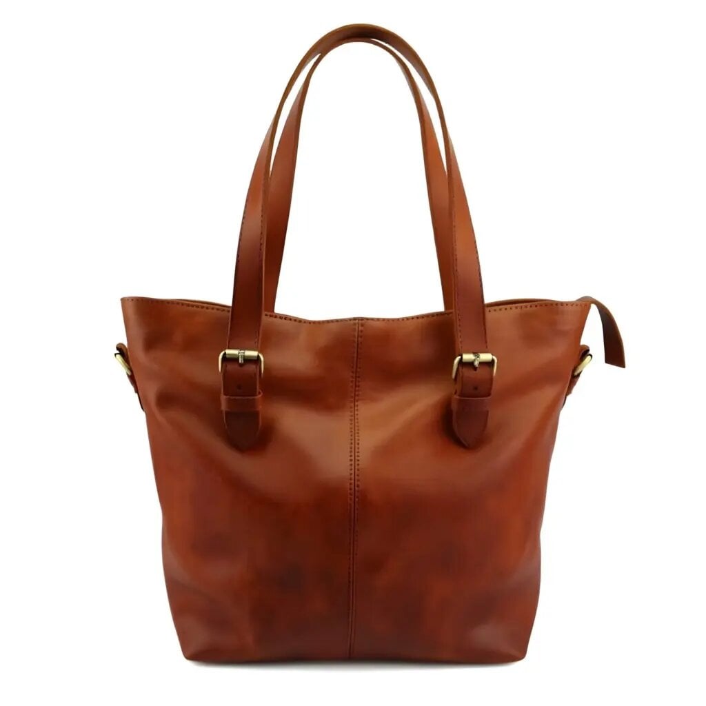 Cognac leather tote bag with brass hardware shown in structured front view on white background