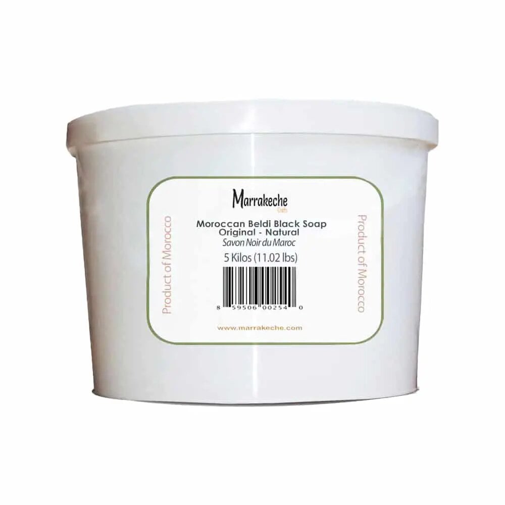 Moroccan black soap 5kg bulk container - natural Beldi soap in white professional tub for hammam spa