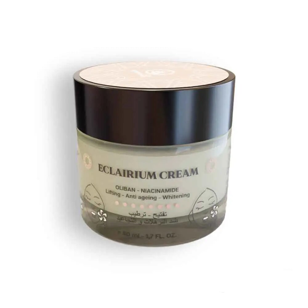 Natural face cream jar with dark brown lid, glass container, oliban niacinamide moisturizer 50ml