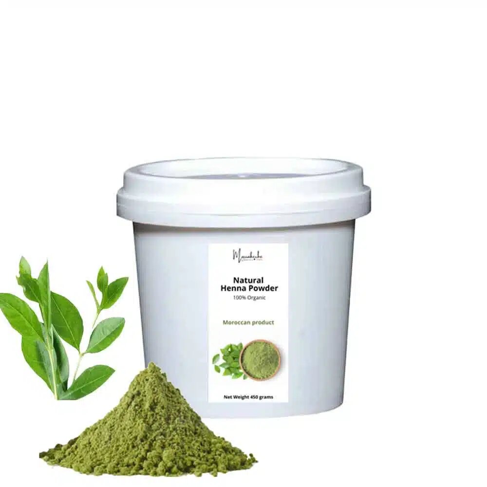 Organic henna powder in white 450g bucket with green leaves and pile of natural Moroccan henna beside