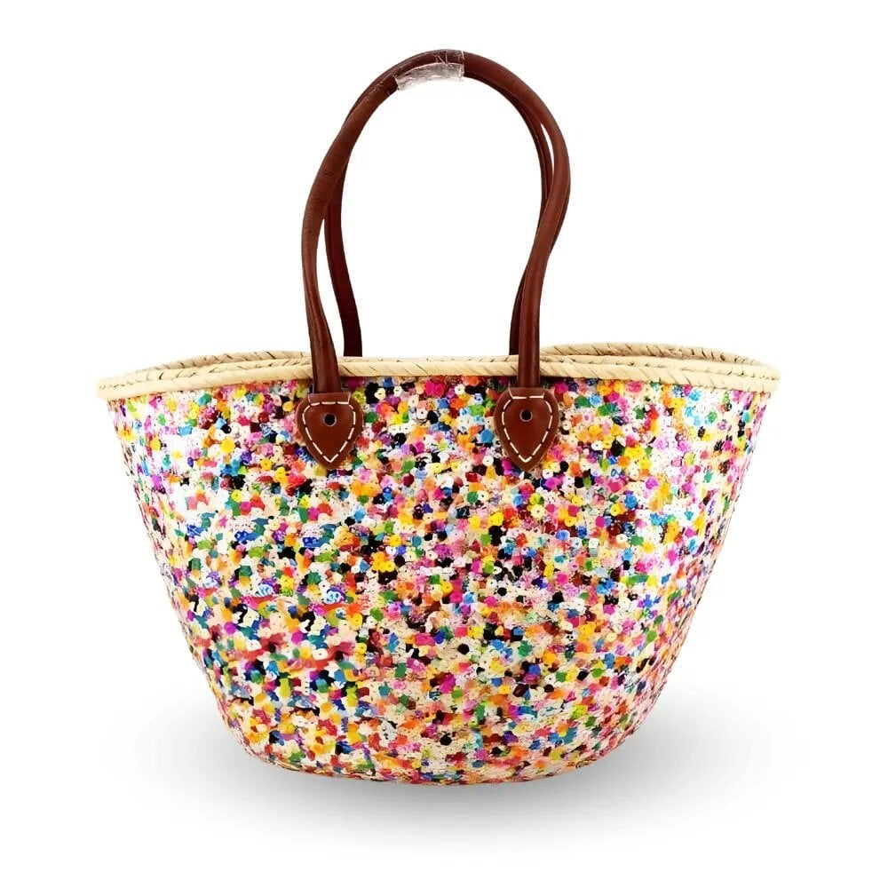 Multicolor Sequin Straw Bag with confetti weave, natural straw border, and brown leather handles