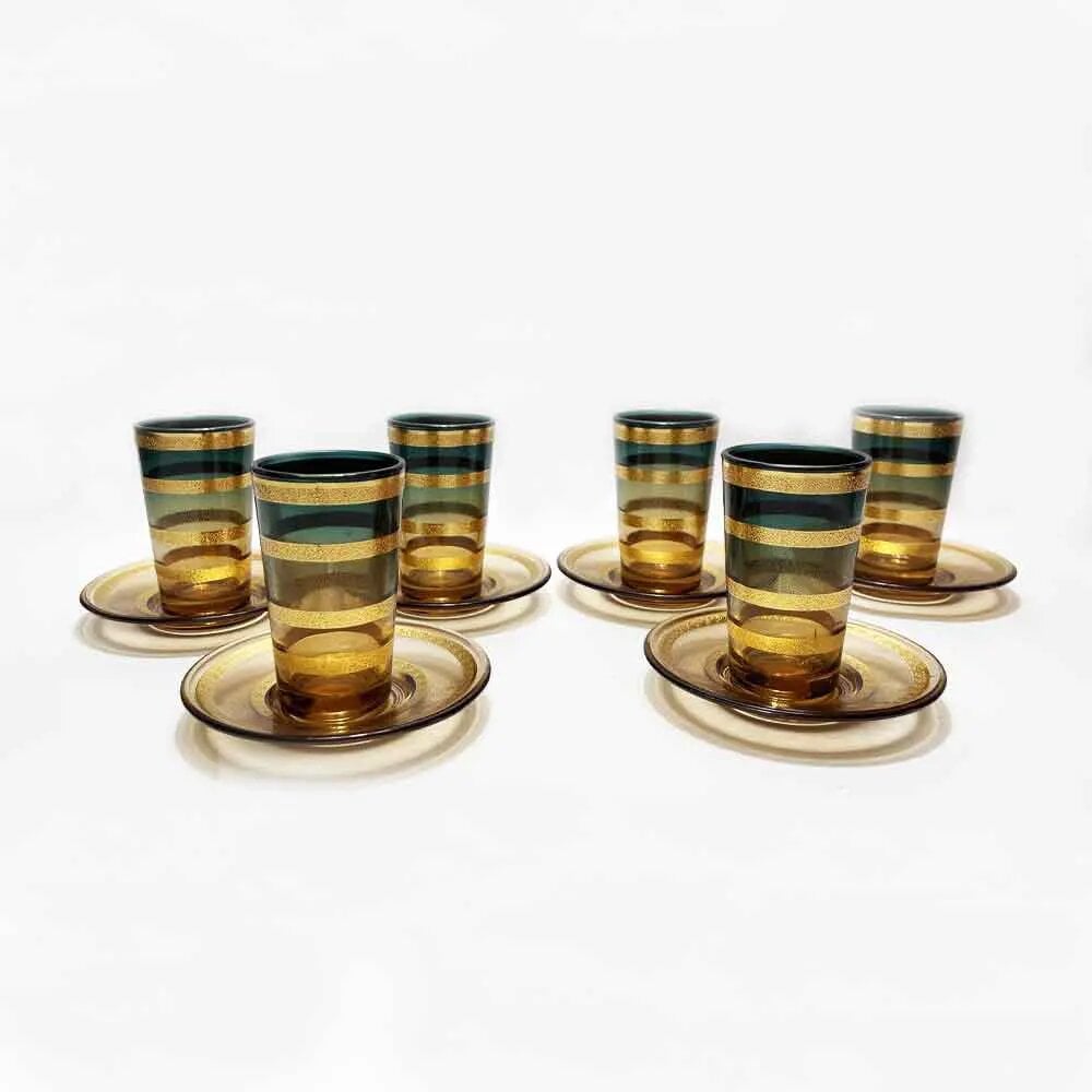 Set of six gold band Moroccan tea glasses with amber saucers and green to amber gradient Set of six gold band Moroccan tea glasses with amber saucers and green to amber gradient