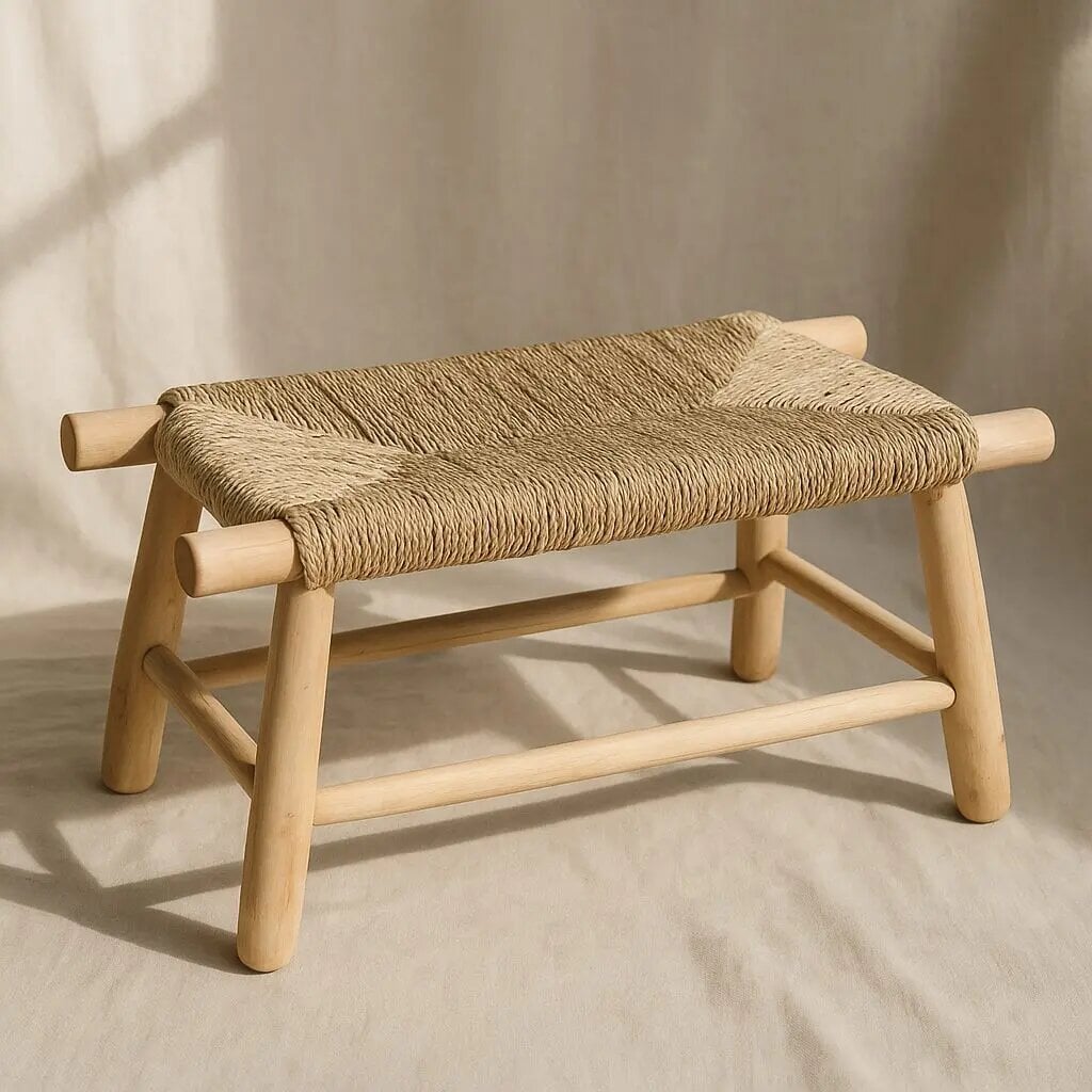 Handwoven straw bench with natural palm leaf seat and light wood frame on neutral background Handwoven straw bench with natural palm leaf seat and light wood frame on neutral background