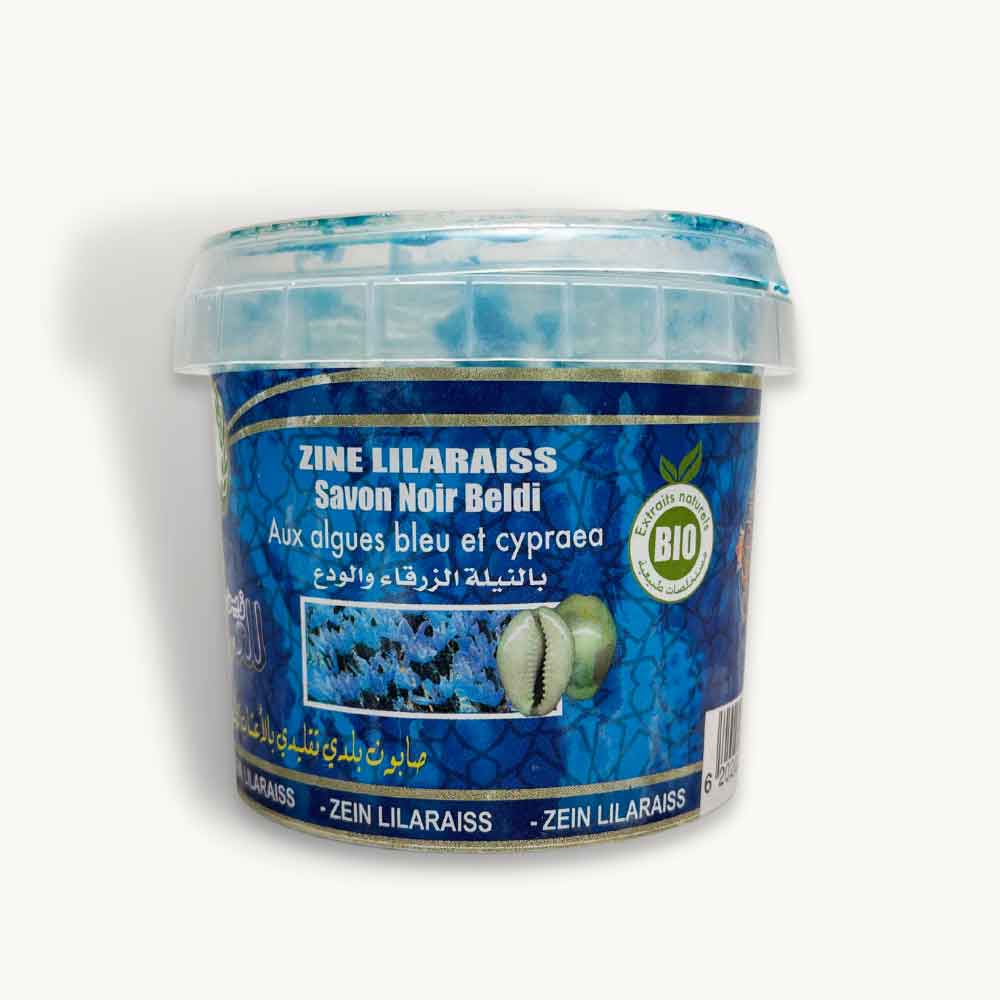 Natural black soap with blue nila in round plastic container, 300g Moroccan beldi hammam treatment, BIO certified