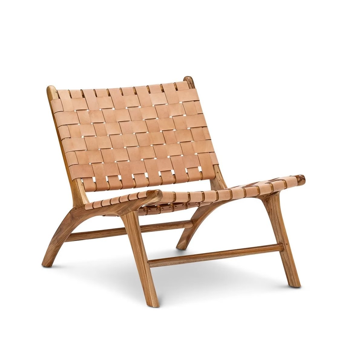 Handwoven leather lounge chair in natural tan with teak wood frame, mid-century modern design Handwoven leather lounge chair in natural tan with teak wood frame, mid-century modern design