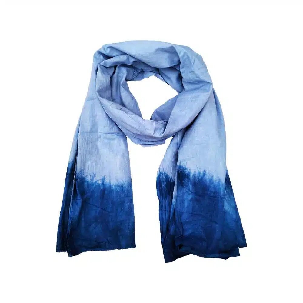 Blue ombre cotton desert scarf with natural indigo dye gradient from light to dark blue