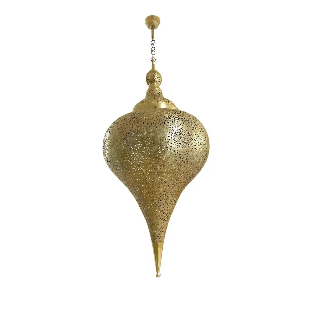 Hand-pierced brass pendant light with teardrop shape and intricate geometric cutout patterns on white background