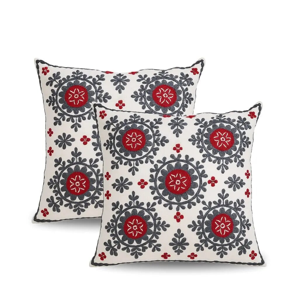Embroidered cotton pillow covers set of 2 with red & gray floral medallion design, 18x18 silk thread embroidery