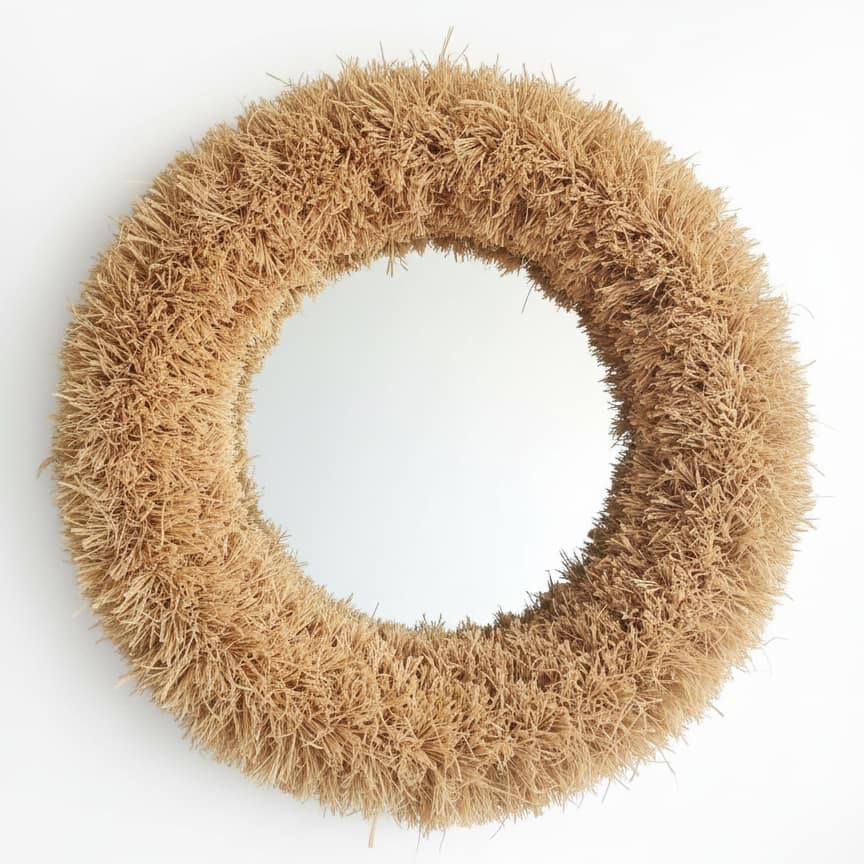 Handwoven round straw mirror with thick fluffy raffia fringe creating luxurious natural wall decor on white background