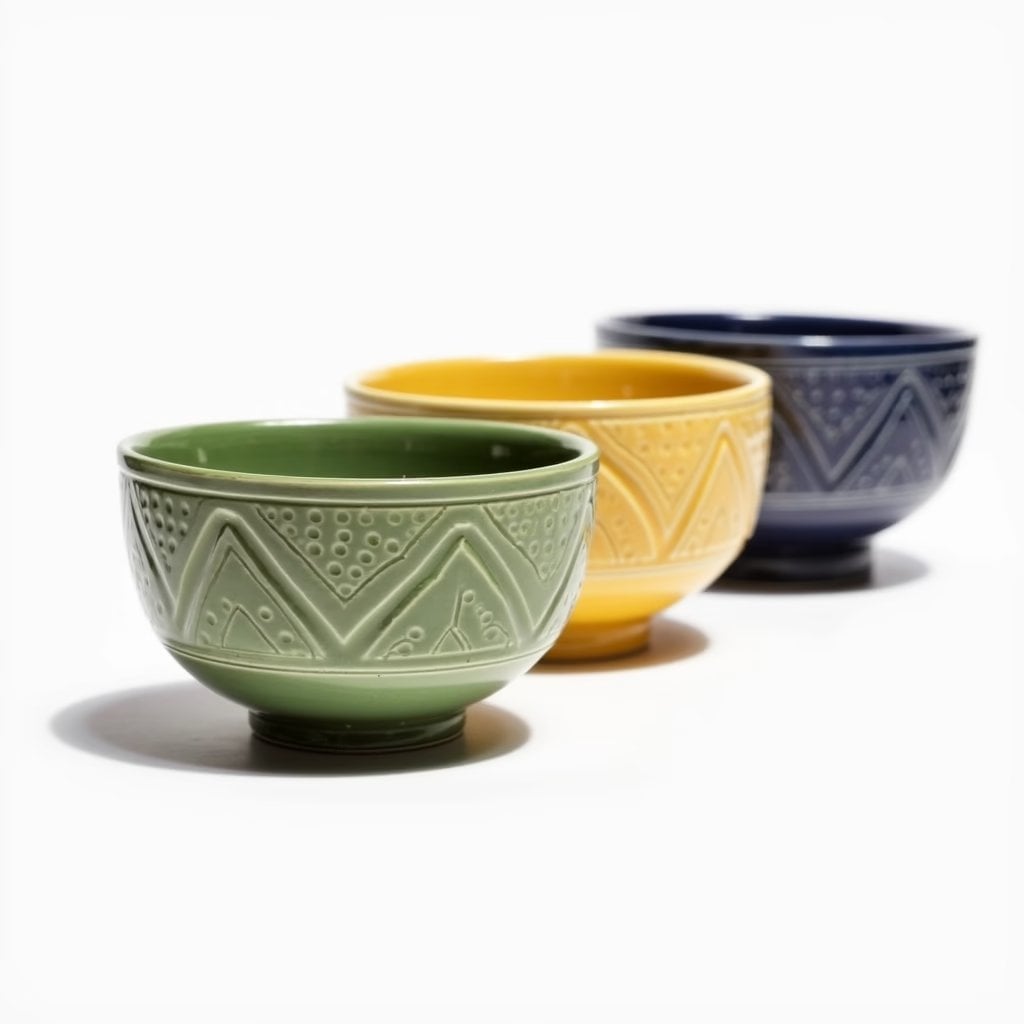 Hand-engraved geometric ceramic bowl set in green, yellow, and navy with chevron patterns Hand-engraved geometric ceramic bowl set in green, yellow, and navy with chevron patterns