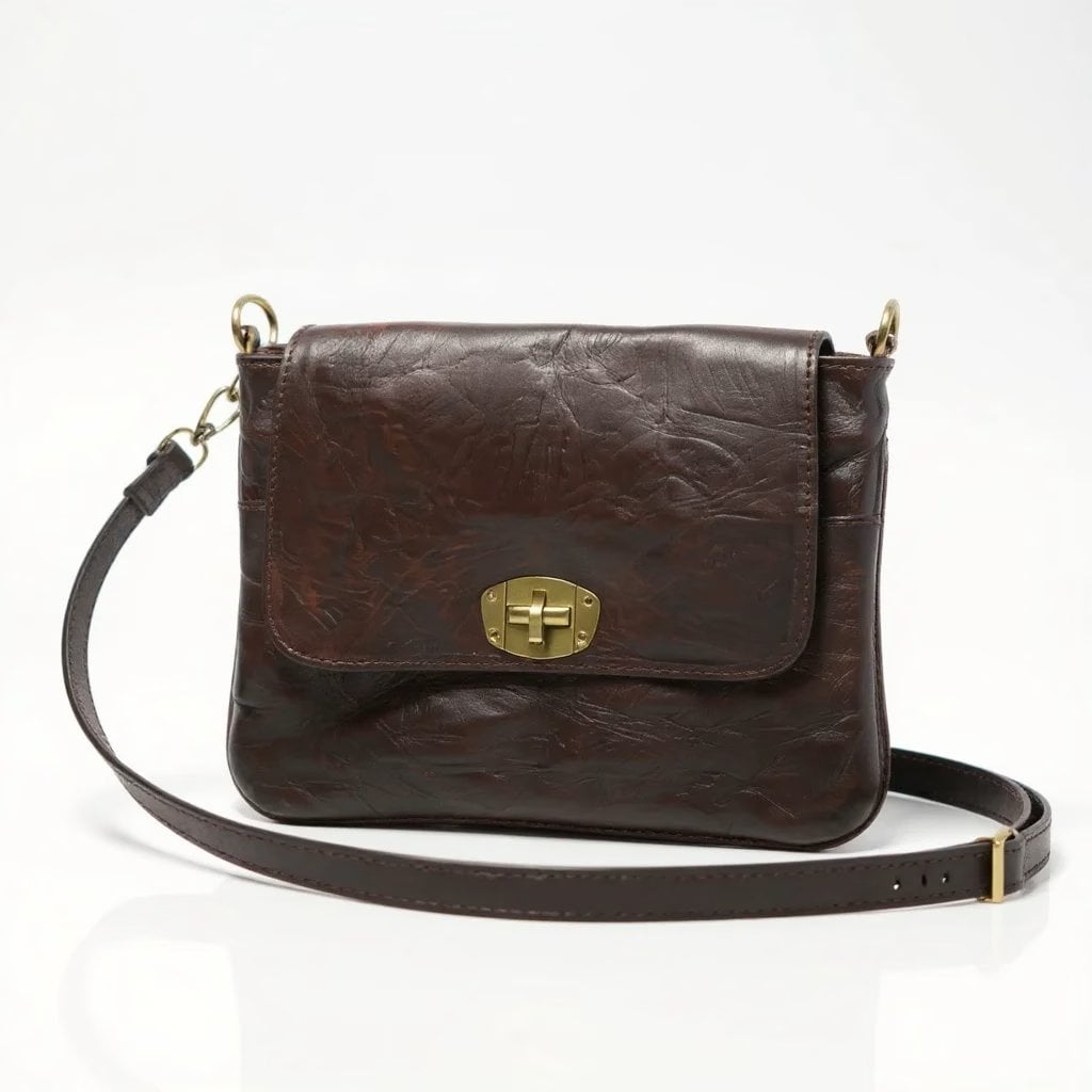 Dark brown leather crossbody bag with brass turnlock closure, front flap, and adjustable shoulder strap