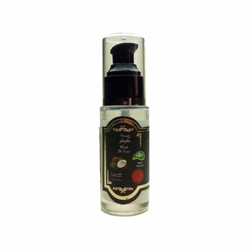 Pure organic coconut oil 50ML bottle with black pump dispenser, clear glass, natural beauty treatment