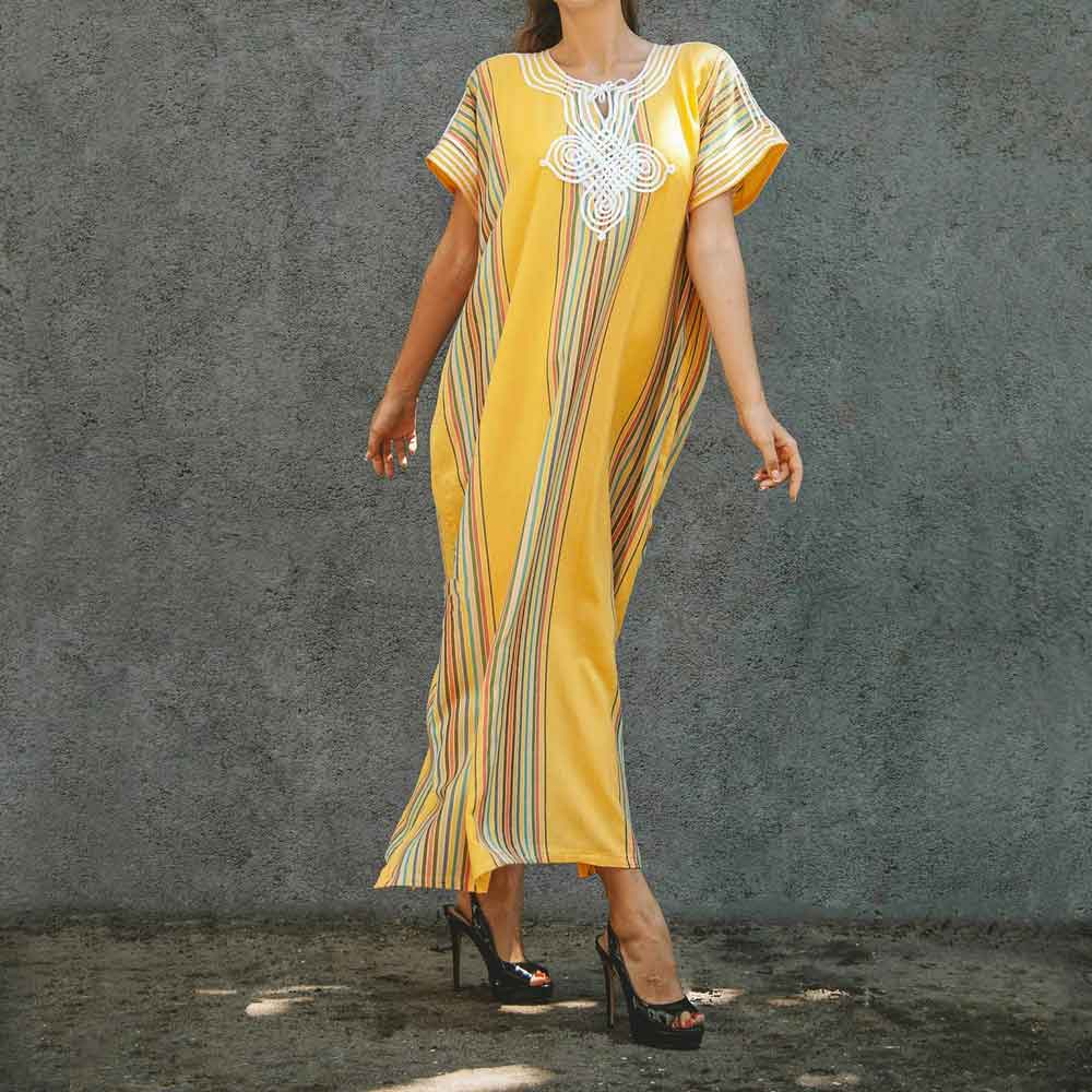 Yellow striped cotton Morocco dress with white embroidery detail, flowing kaftan silhouette and short sleeves