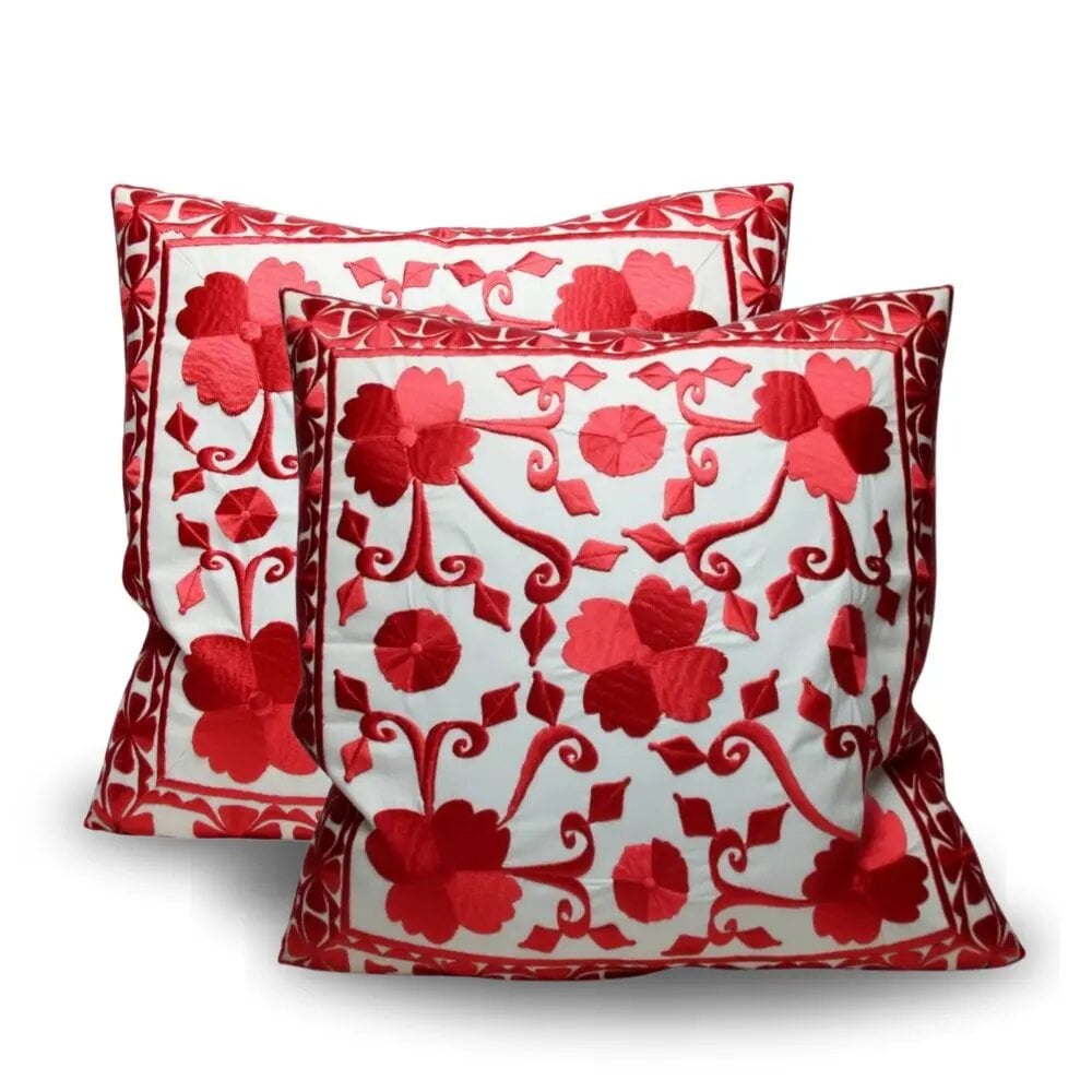 Red embroidered pillow covers set of 2 with suzani floral design on white cotton, 17.4 inch square decorative cushions