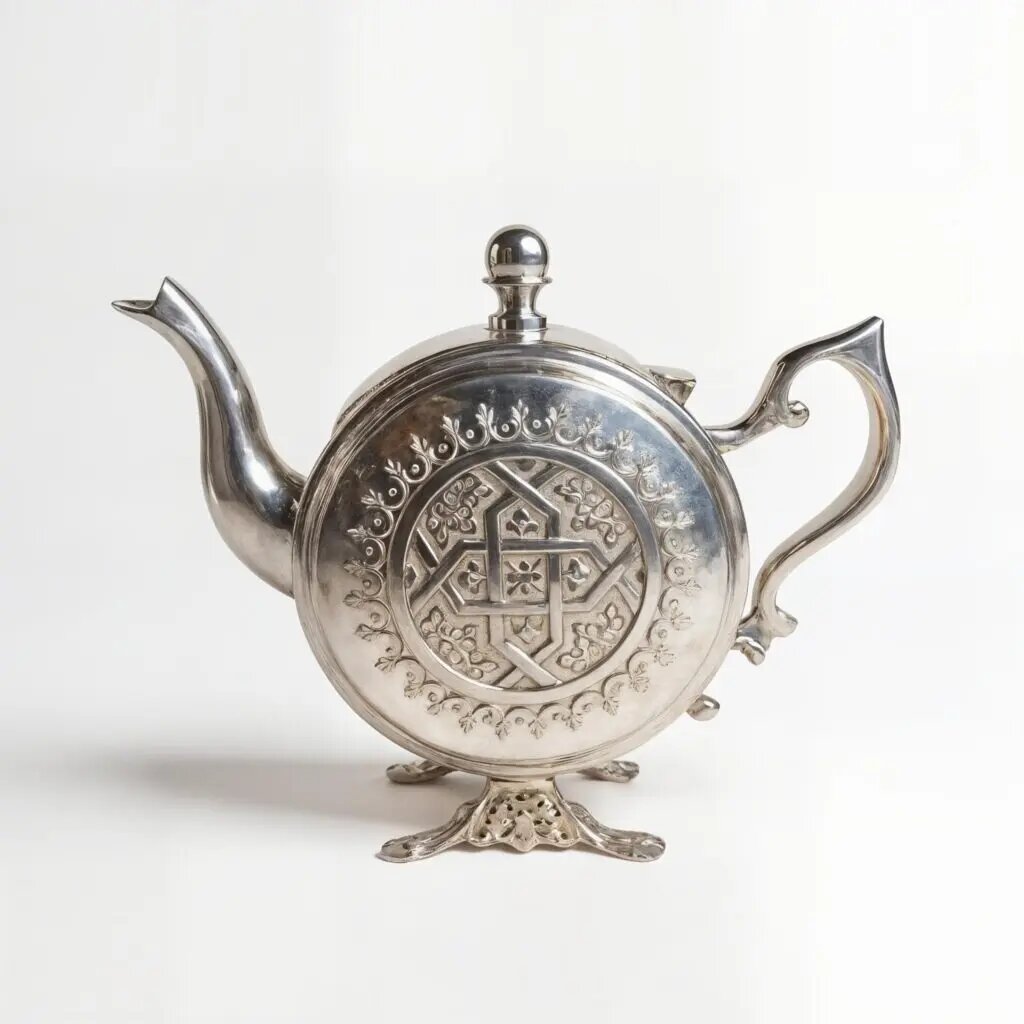 Disc shaped silver-plated decorative silver teapot display with octagonal geometric medallion and ornate splayed feet Disc shaped silver-plated decorative silver teapot display with octagonal geometric medallion and ornate splayed feet