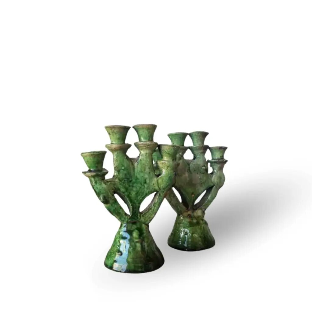 Set of 2 handmade green ceramic candle holders from Tamegroute with multi-arm sculptural design and oxidized glaze Set of 2 handmade green ceramic candle holders from Tamegroute with multi-arm sculptural design and oxidized glaze