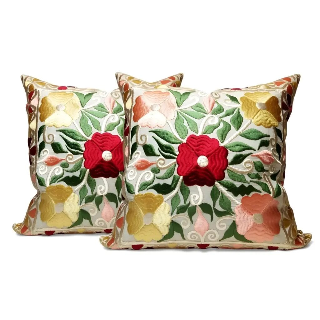 Floral embroidered cotton pillow covers set of 2 with red, yellow, pink flowers and green leaves on white