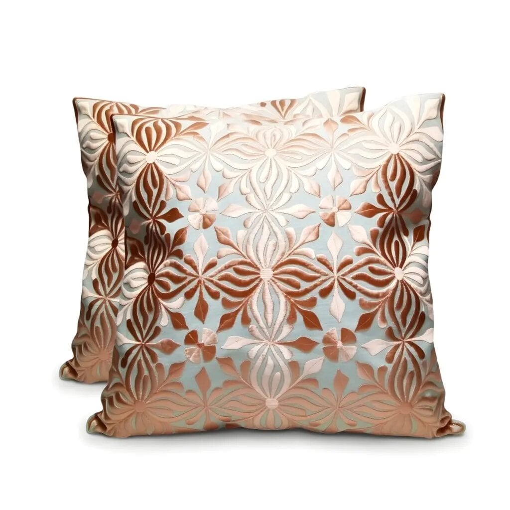 Embroidered cotton pillow covers with floral design in rust, cream, and sage green - 18x18 decorative set