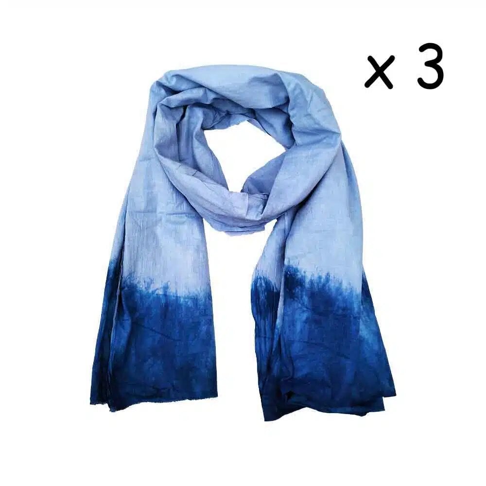 Handmade ombre blue cotton head scarves with gradient dye, sky blue to indigo, traditional desert style scarf