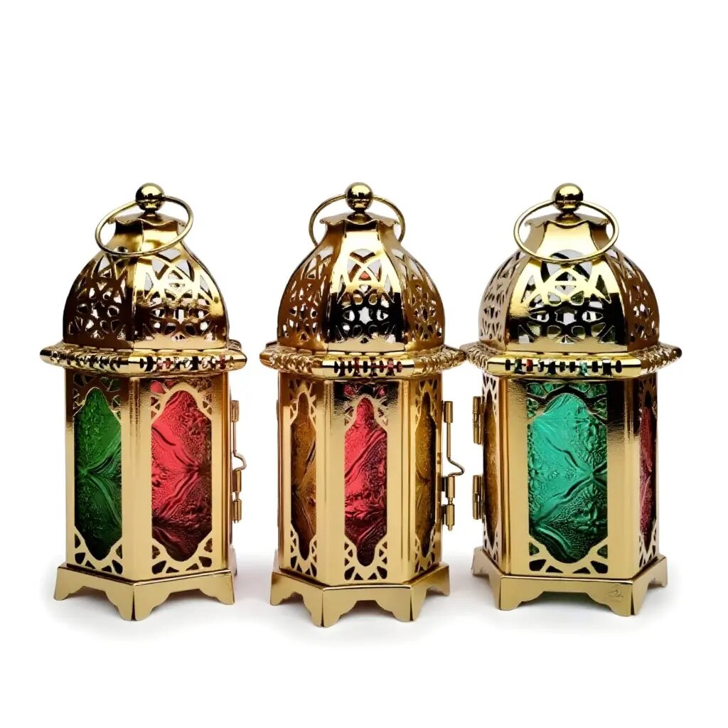 Engraved brass candle holders set of 3 with jewel-tone glass panels in gold finish with ornate dome tops