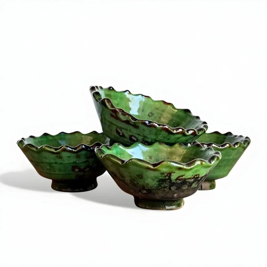 Set of 3 Tamegroute ceramic bowls with ruffled edges and rich green glaze on white background Set of 3 Tamegroute ceramic bowls with ruffled edges and rich green glaze on white background