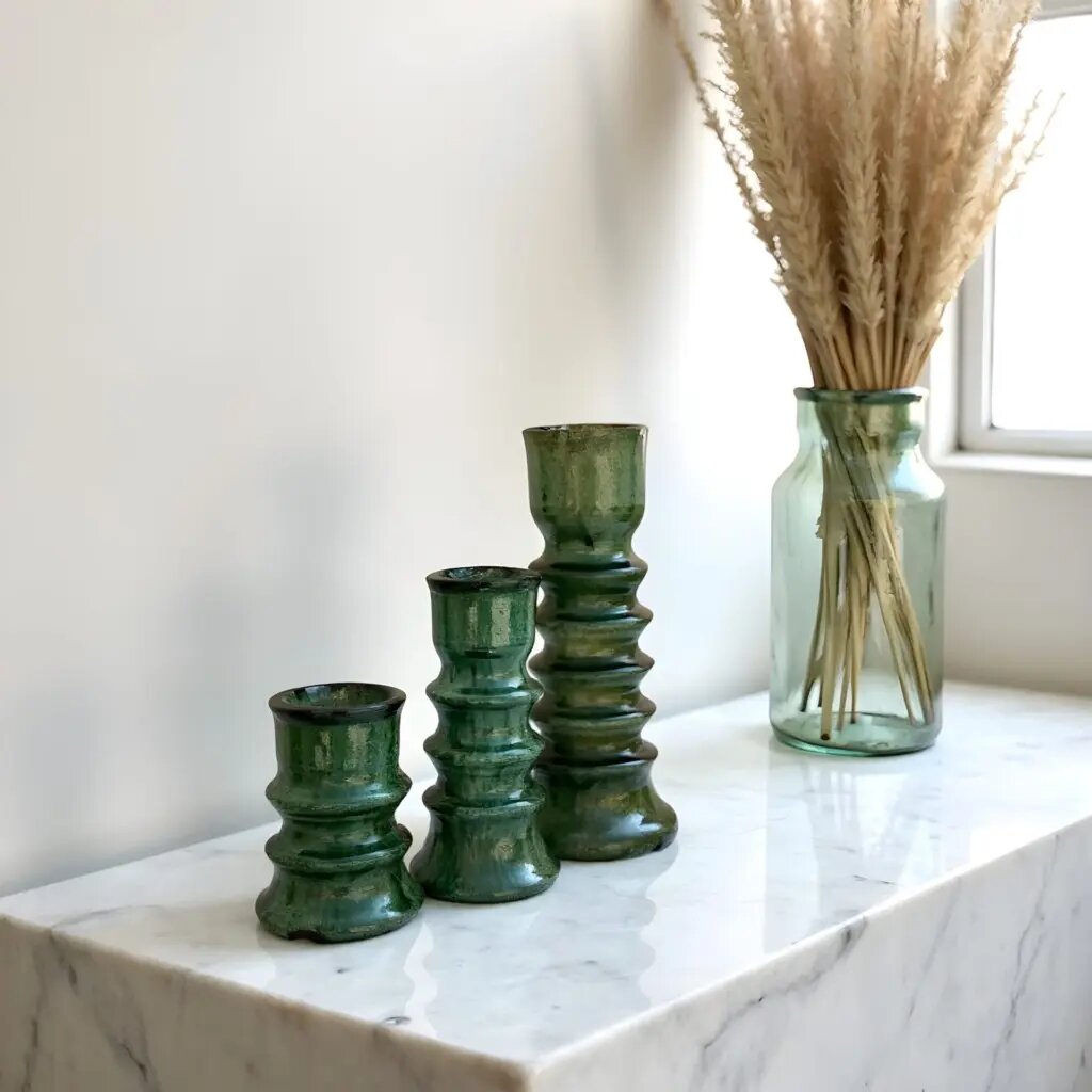 Green Tamegroute ceramic candleholders set of 3 with stacked design on white marble surface with dried wheat Green Tamegroute ceramic candleholders set of 3 with stacked design on white marble surface with dried wheat