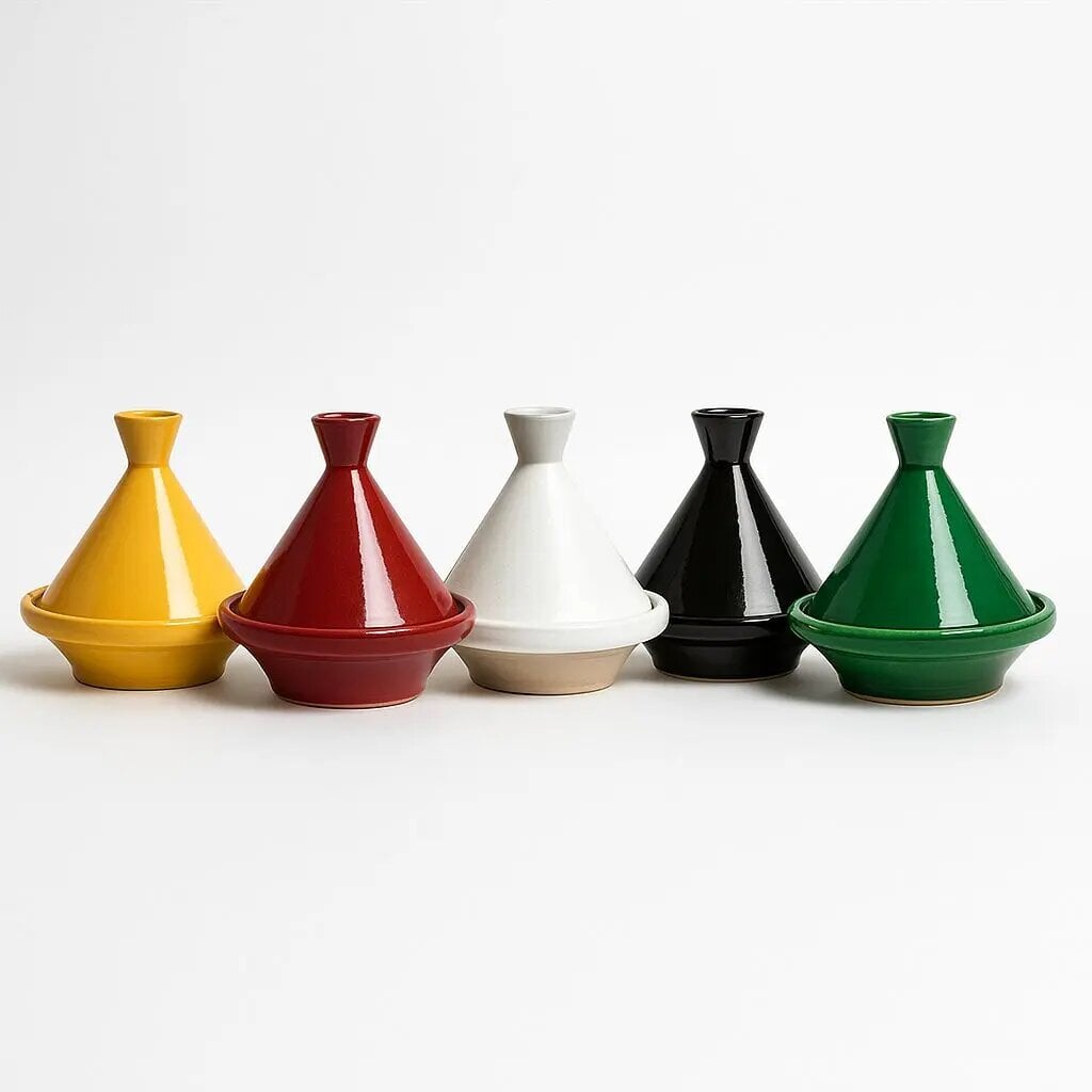 Handcrafted glazed ceramic tagine pots in five vibrant colors - yellow, red, white, black and green Moroccan cookware Handcrafted glazed ceramic tagine pots in five vibrant colors - yellow, red, white, black and green Moroccan cookware
