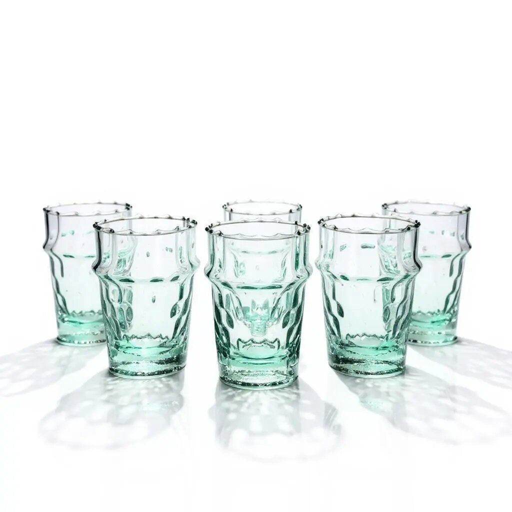 Set of teal handblown diamond texture tea glasses with raised geometric pattern on white background Set of teal handblown diamond texture tea glasses with raised geometric pattern on white background