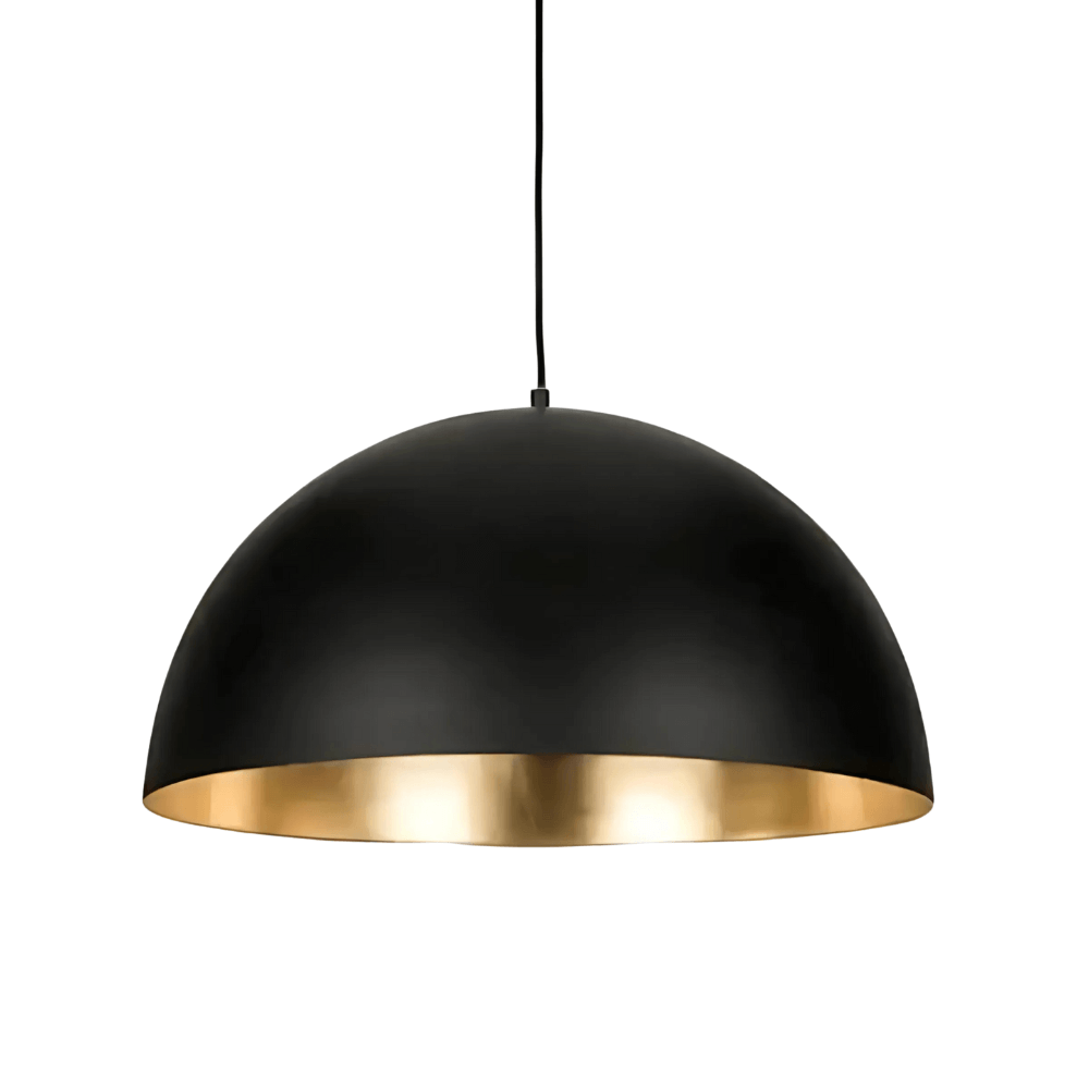 Black dome pendant light with gold interior, modern handcrafted brass hanging lamp on white background