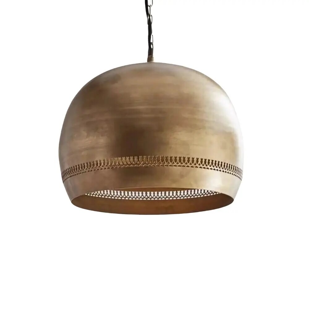 Engraved brass pendant light with geometric chevron bands and dome shape on chain against white background