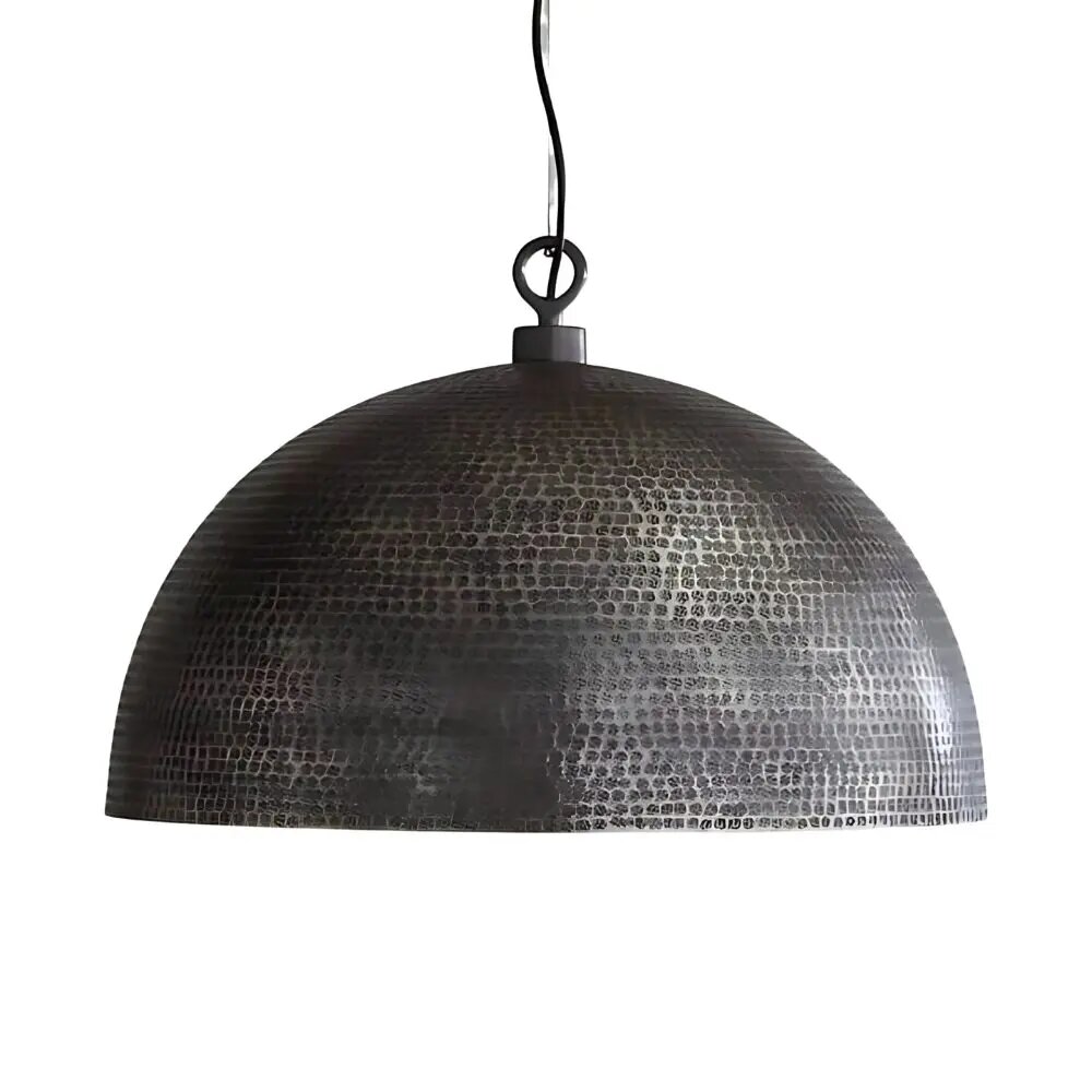Hammered brass pendant light with textured dome shade and black cord, showcasing industrial Moroccan design