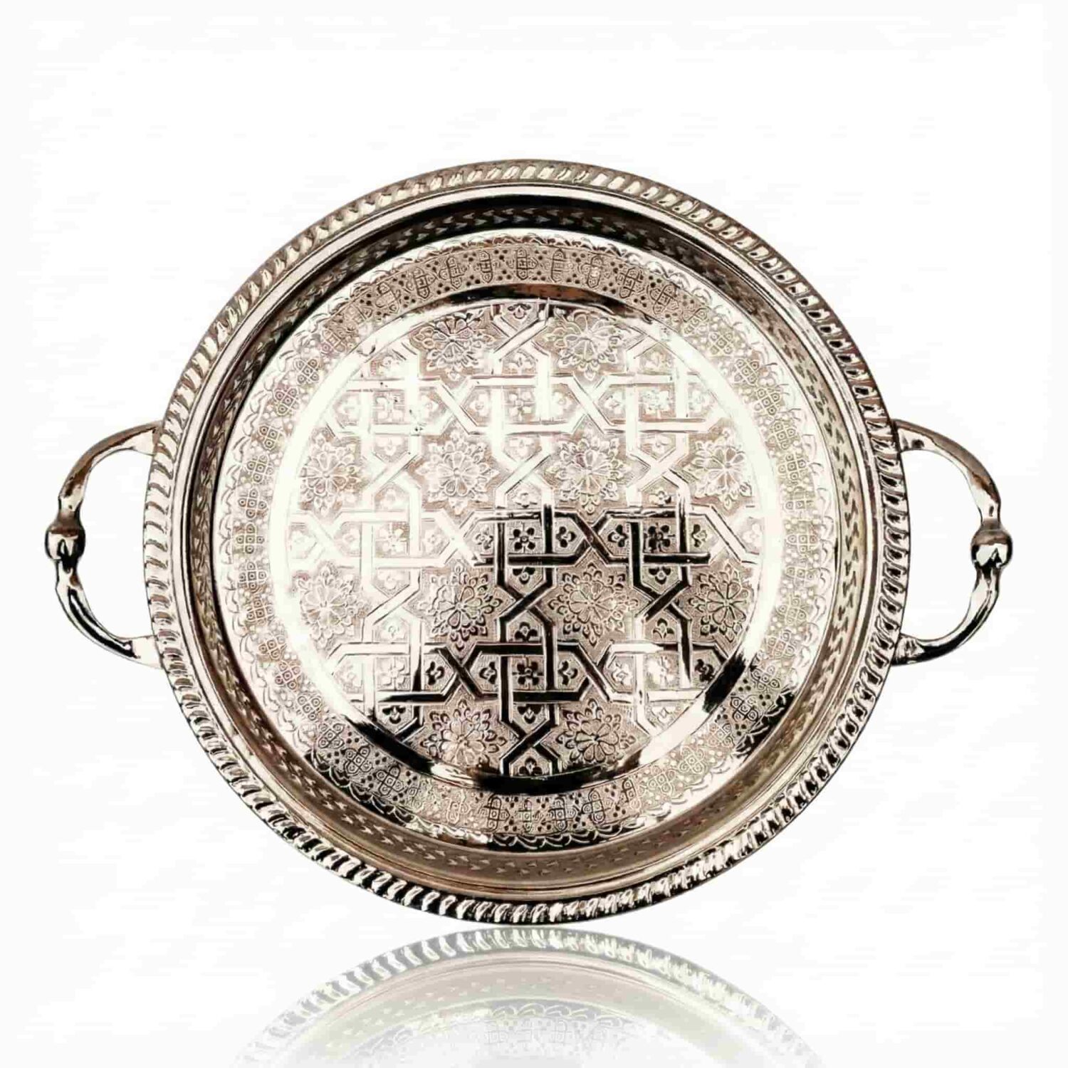 Silver-plated round serving tray with hand-engraved geometric star inlay and dual curved brass handles Silver-plated round serving tray with hand-engraved geometric star inlay and dual curved brass handles
