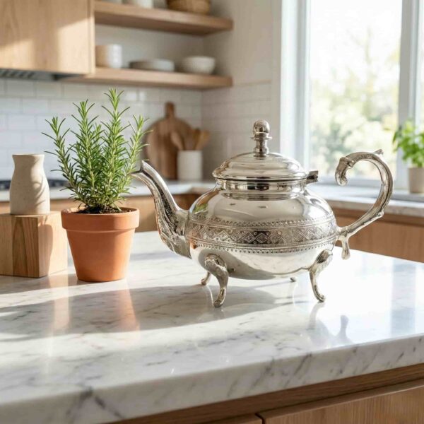 Diamond pattern silver teapot beside a potted plant on a white surface with geometric blocks