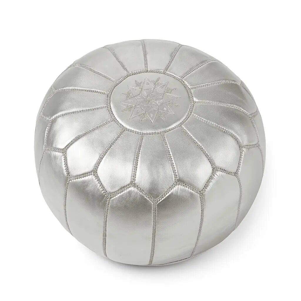 Silver leather round ottoman with intricate white geometric stitching on white background — Moroccan pouf Silver leather round ottoman with intricate white geometric stitching on white background — Moroccan pouf