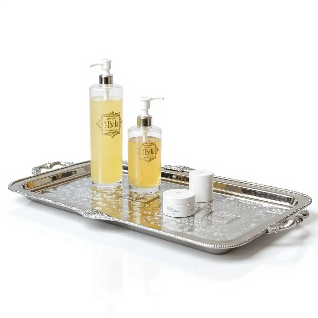 Hand-engraved silver serving tray with ornate scrolled handles and Moroccan geometric patterns on white background