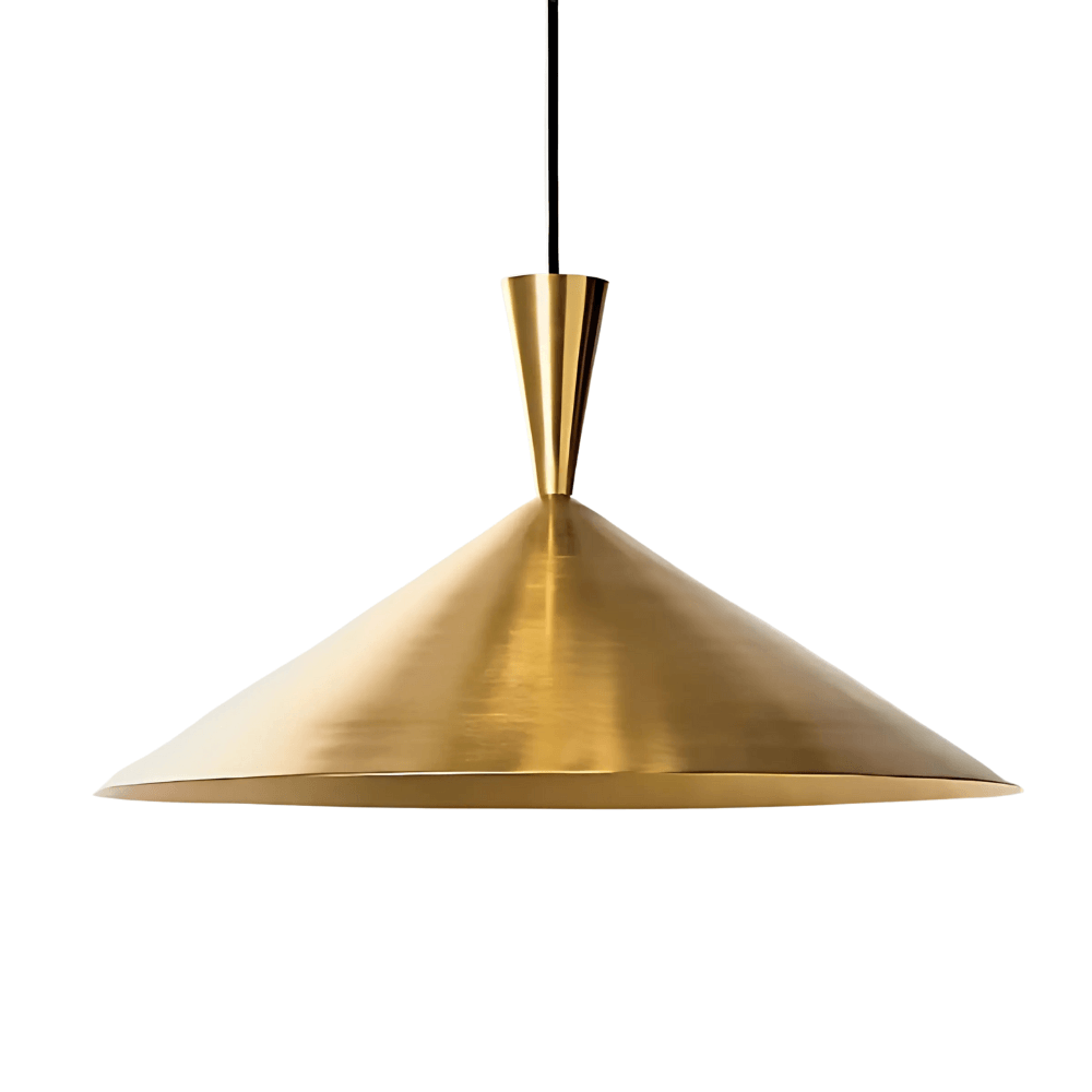 Brushed brass cone pendant light with wide conical shade and tapered connector on black cord
