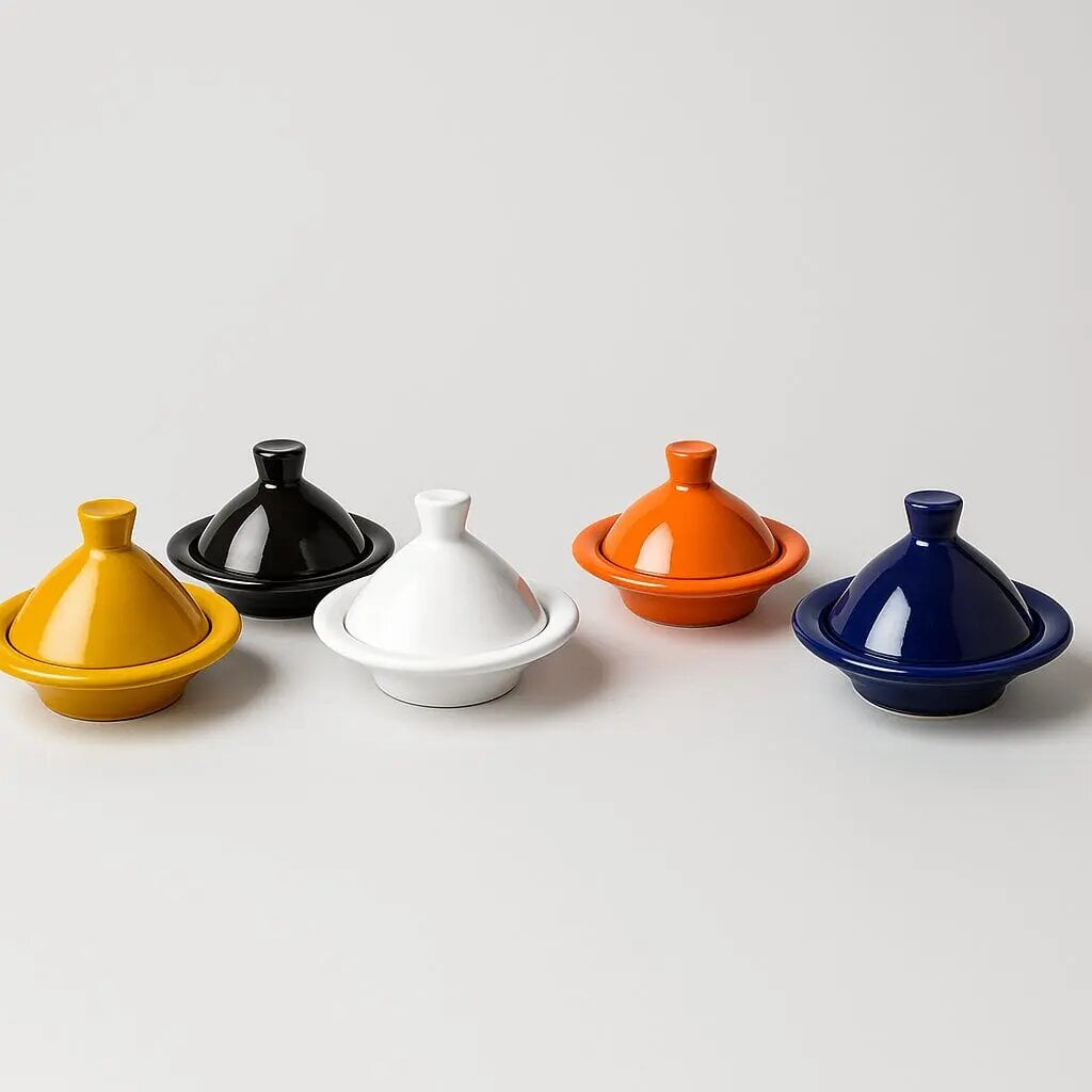 Ceramic mini tagine set of 4 in yellow, black, white, orange, and navy blue with glossy hand-glazed finish Ceramic mini tagine set of 4 in yellow, black, white, orange, and navy blue with glossy hand-glazed finish