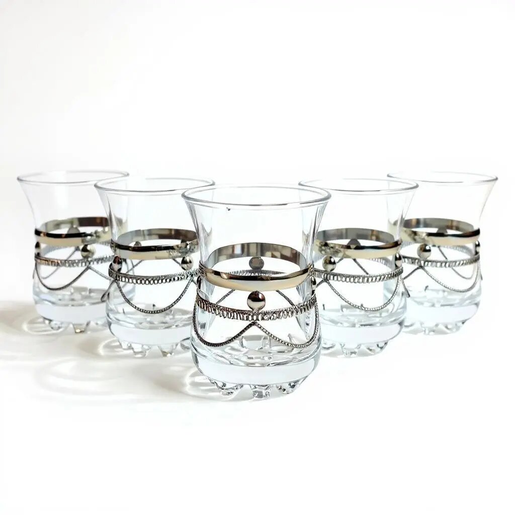 Six silver filigree tea glasses with scalloped edges and beaded ribs displayed against a white studio background Six silver filigree tea glasses with scalloped edges and beaded ribs displayed against a white studio background