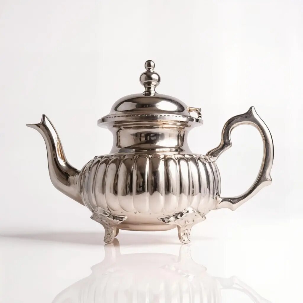 Part ribbed silver teapot with ornate handle, four curved feet, and domed lid on white studio background