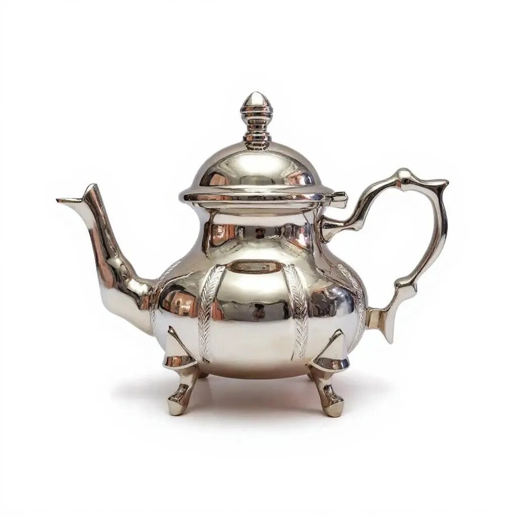 Wheat leaf engraved silver teapot with lobed body, domed lid, curved spout, ornate handle, and three tripod feet on a wh Wheat leaf engraved silver teapot with lobed body, domed lid, curved spout, ornate handle, and three tripod feet on a white studio background