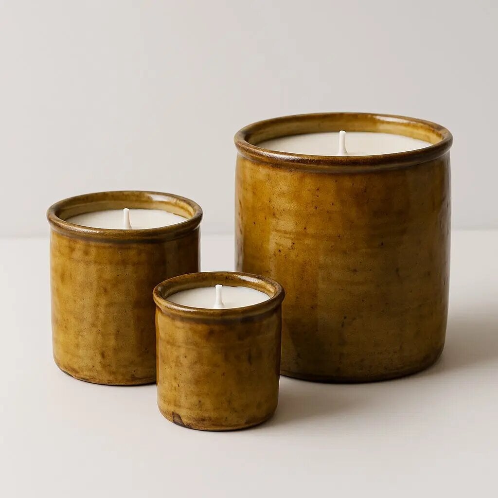 Handmade Tamegroute ceramic candles in three sizes with warm ochre glaze and natural plant-based wax Handmade Tamegroute ceramic candles in three sizes with warm ochre glaze and natural plant-based wax