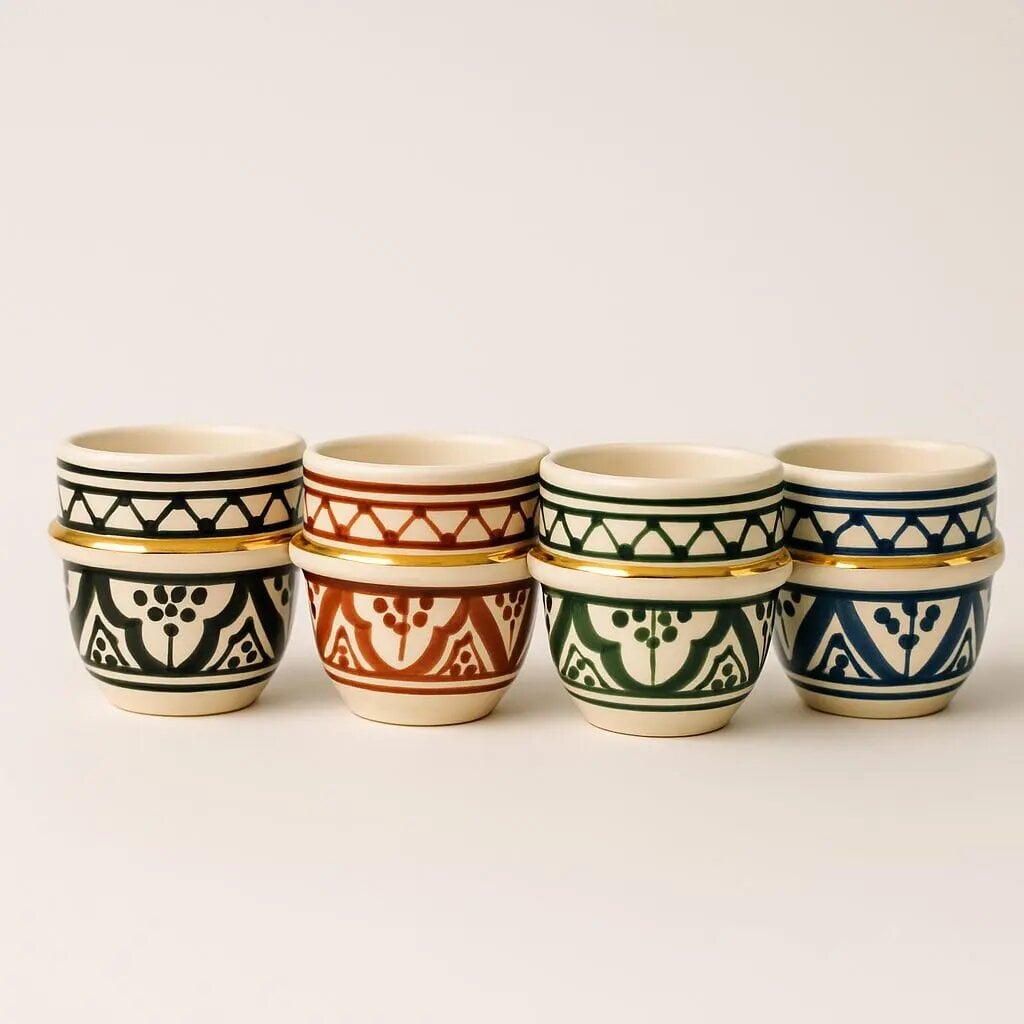 Set of four hand-painted ceramic espresso cups with gold rims in black, orange, green, and blue colors