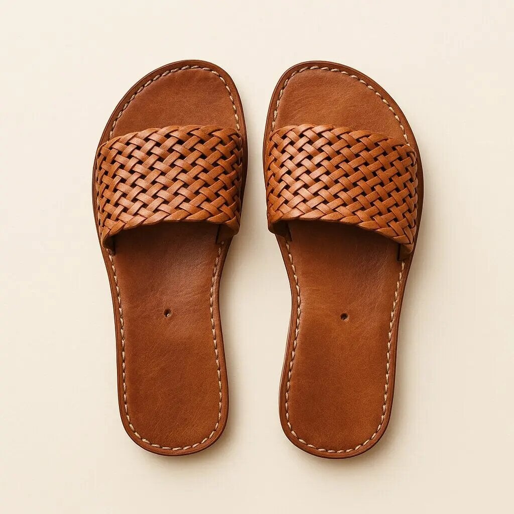 Hand-woven leather slides in tan with basketweave straps and stitched footbed on beige background