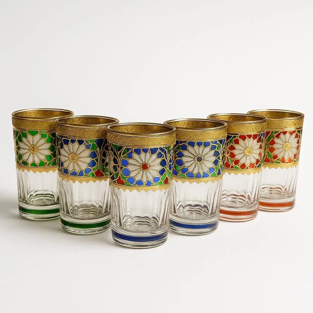 Set of six hand-painted daisy tea glasses with multicolor floral enamel and gold gilt bands on a white backdrop