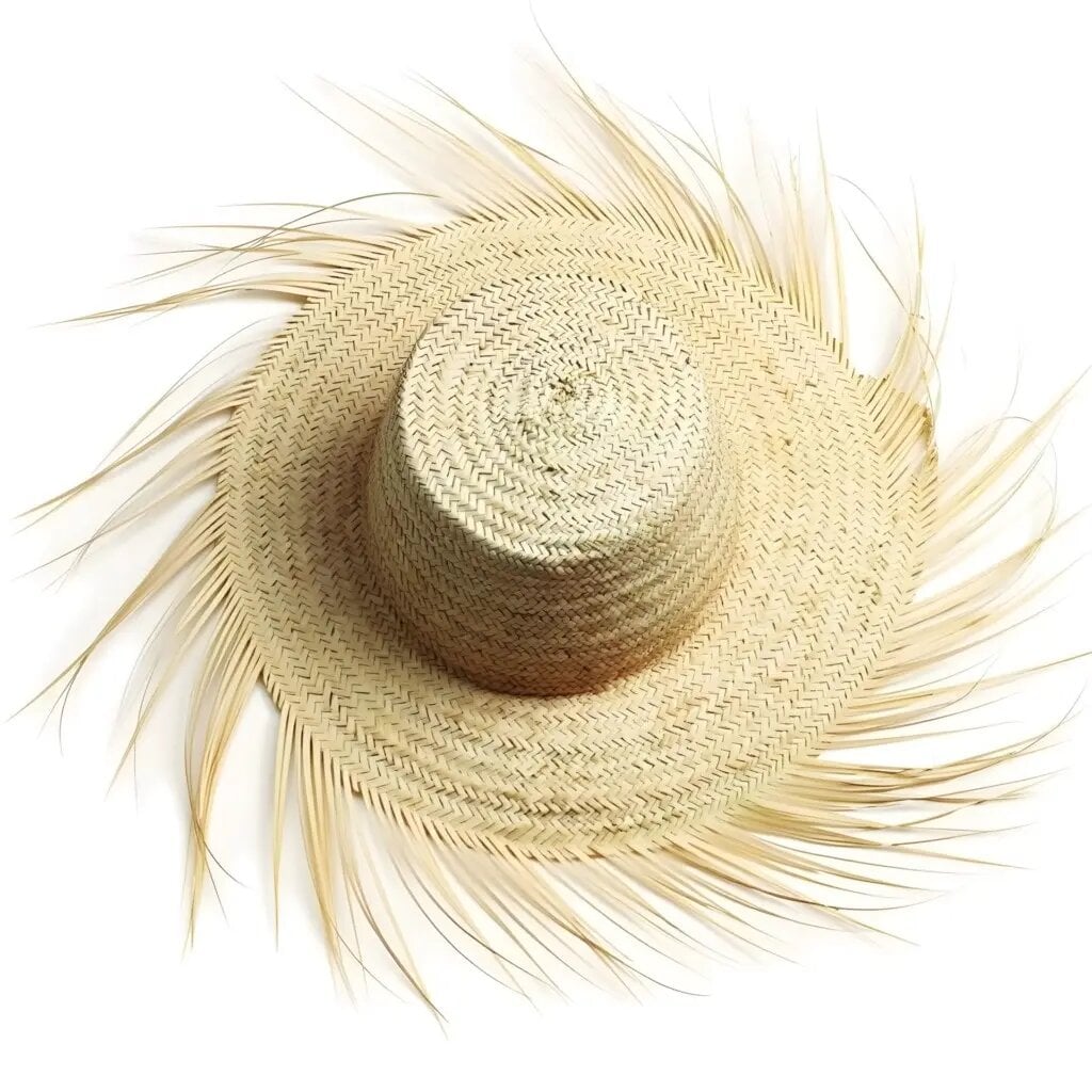 Handwoven fringe straw accessories hat with wide brim and natural beige basketweave construction on white background