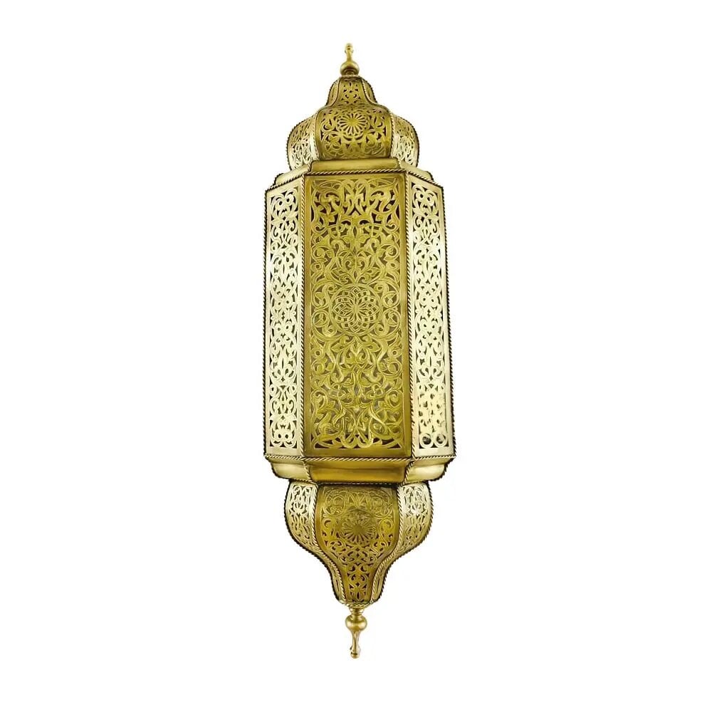 Ornate brass sconce light with hand-engraved arabesque patterns and domed top, 23.6-inch palace wall lamp