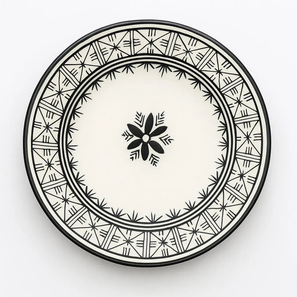 Hand-painted ceramic plate with black Moroccan geometric patterns and floral center on cream background Hand-painted ceramic plate with black Moroccan geometric patterns and floral center on cream background