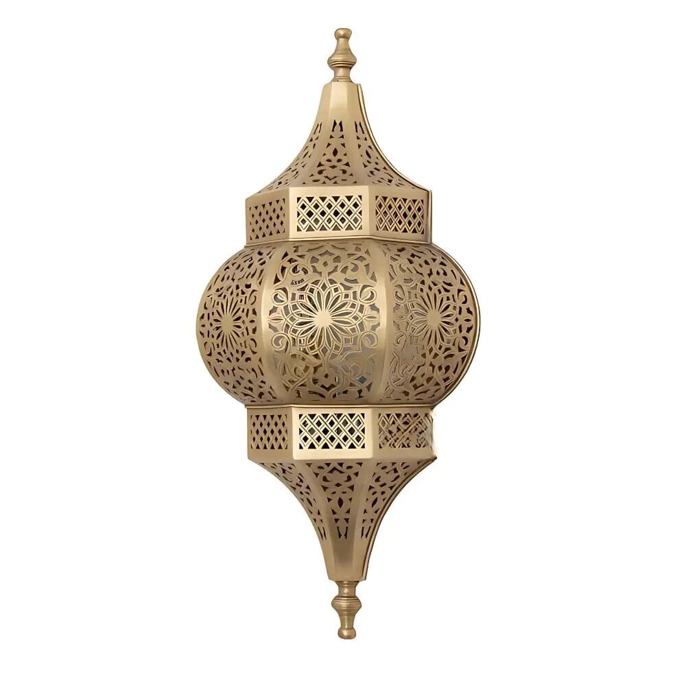 Brass wall sconce with hand-engraved floral filigree and ornate Oriental lantern design in polished gold finish